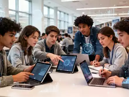 Eine Gruppe von Studierenden arbeitet kollaborativ in einer modernen Universitätsbibliothek mit Laptops und Tablets. - Foto: über boerse-global.de