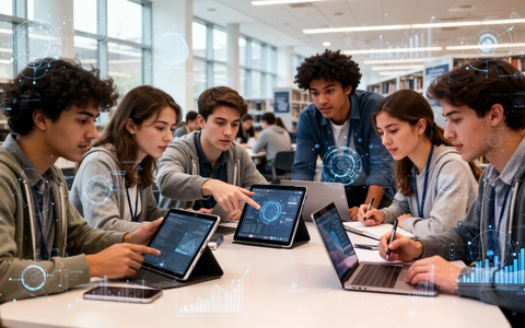 Eine Gruppe von Studierenden arbeitet kollaborativ in einer modernen Universitätsbibliothek mit Laptops und Tablets. - Foto: über boerse-global.de