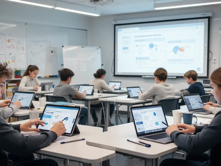 Students in a modern classroom using digital tablets and laptops, with an interactive whiteboard in the background. - Foto: über boerse-global.de
