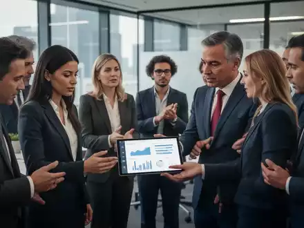 Eine vielfältige Gruppe von Geschäftsleuten in einem modernen Büro, die sich mit Daten und Diskussionen zur Gleichstellung beschäftigen. - Foto: über boerse-global.de