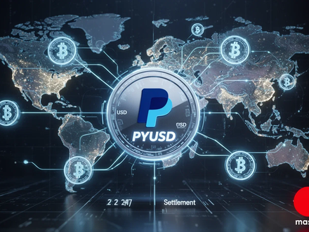 A digital representation of PayPal USD (PYUSD) and Mastercard logos, interconnected globally by glowing lines, symbolizing stablecoin settlement. - Foto: über boerse-global.de