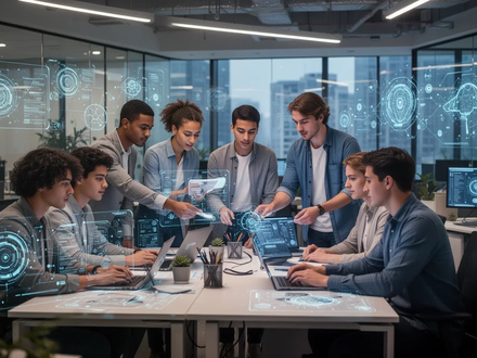 Junge Fachkräfte arbeiten in einem modernen, flexiblen Büro zusammen, mit digitalen Schnittstellen, die KI-Integration and New Work symbolisieren. - Foto: über boerse-global.de