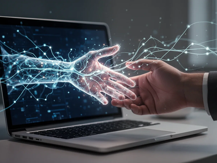 Eine digitale Hand greift aus einem Laptop-Bildschirm nach einer menschlichen Hand, verbunden durch leuchtende neuronale Netzlinien. - Foto: über boerse-global.de