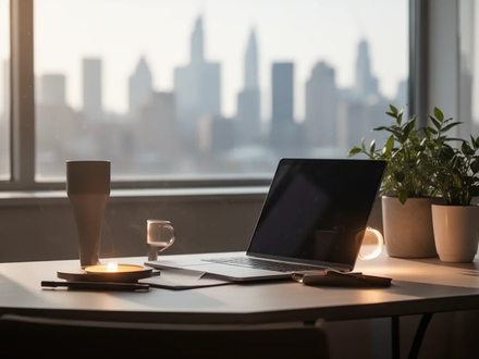 Ein modernes Home-Office mit Laptop, Tasse und Pflanze auf einem Schreibtisch, mit einem Fensterblick auf eine Stadtlandschaft. - Foto: über boerse-global.de