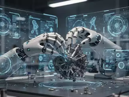 A sophisticated humanoid robot hand with intricate sensors gently grasps a small, complex object in a dimly lit, high-tech laboratory. - Foto: über boerse-global.de