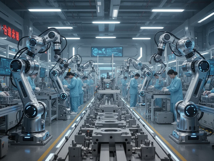 Humanoid robots working alongside humans in a high-tech Chinese factory, symbolizing advancements in robotics manufacturing. - Foto: über boerse-global.de