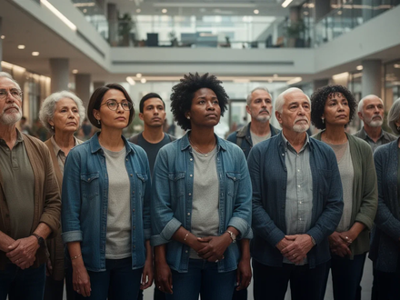 Eine vielfältige Gruppe von Menschen verschiedenen Alters und Hintergrunds steht in einem modernen, hellen öffentlichen Raum, der Inklusion symbolisiert. - Foto: über boerse-global.de