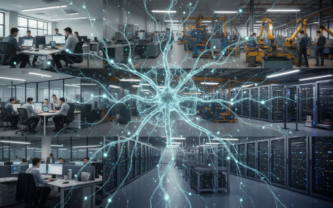 Abstrakte Darstellung der KI-Integration in die Arbeitswelt mit leuchtenden neuronalen Netzwerken, die Büros, Fabriken und Rechenzentren verbinden. - Foto: über boerse-global.de