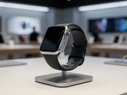 A close-up shot of an Apple Watch on a charging stand, showcasing its sleek design and digital display. - Foto: über boerse-global.de