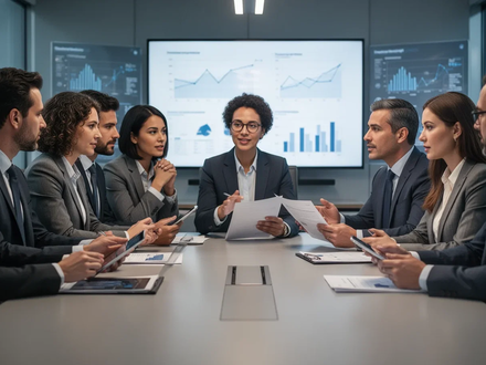 Eine Gruppe von Geschäftsleuten diskutiert um einen Konferenztisch, wobei sie Dokumente und Tablets verwenden. Fokus auf rechtliche Aspekte der Arbeitswelt. - Foto: über boerse-global.de