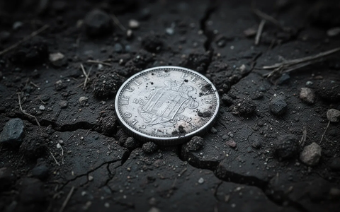 Eine einzelne, angelaufene Silbermünze liegt teilweise in dunkler Erde vergraben und spiegelt ein kaltes Licht wider. - Foto: über boerse-global.de