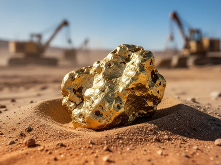 Ein goldener Nugget, der im Sonnenlicht auf Wüstensand glänzt, im Hintergrund verschwommene Bergbauausrüstung. - Foto: über boerse-global.de