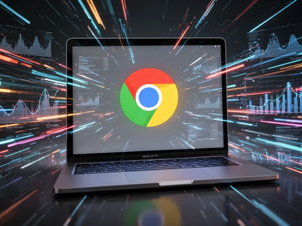 A close-up of a MacBook Pro screen displaying the Google Chrome logo, with digital lines suggesting speed and data flowing around it. - Foto: über boerse-global.de