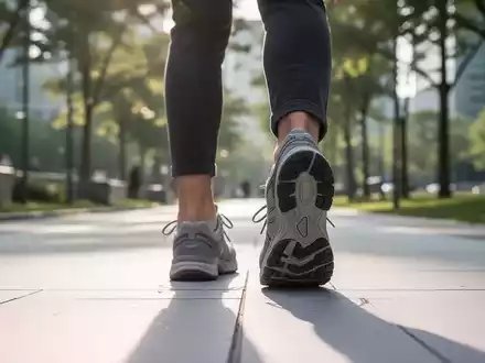 Eine Person macht einen Schritt in bequemen Schuhen auf einem Weg, mit dem Fokus auf Bewegung und Herzgesundheit. - Foto: über boerse-global.de