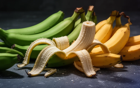 Grüne und reife Bananen liegen auf einer dunklen Oberfläche, symbolisieren Reifegrad und dessen Einfluss auf die Blutzuckerregulierung. - Foto: über boerse-global.de