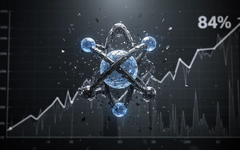Ein abstraktes, fragmentiertes Wasserstoffatom-Symbol vor einem stark fallenden, grafischen Hintergrund, der einen Absturz symbolisiert. - Foto: über boerse-global.de