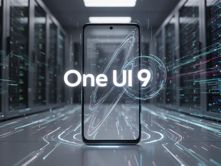 A close-up of a futuristic smartphone screen showing a holographic 'One UI 9' interface with digital data streams in the background. - Foto: über boerse-global.de