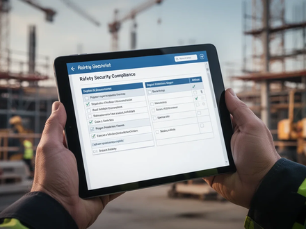 Eine Hand hält ein Tablet, das eine digitale Checkliste für Arbeitssicherheit anzeigt, mit einer Baustelle im Hintergrund. - Foto: über boerse-global.de