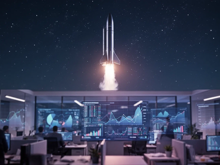 Eine Rakete startet in den Nachthimmel, darüber ein abstraktes Finanzbüro mit Datenvisualisierungen. - Foto: über boerse-global.de