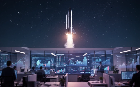 Eine Rakete startet in den Nachthimmel, darüber ein abstraktes Finanzbüro mit Datenvisualisierungen. - Foto: über boerse-global.de