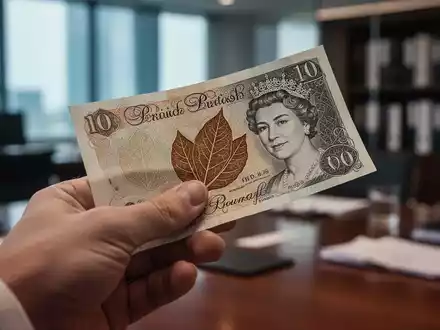 Eine Hand hält einen britischen Pfund-Schein mit dem dezenten Muster eines Tabakblatts. Im Hintergrund ein unscharfes Büro. - Foto: über boerse-global.de