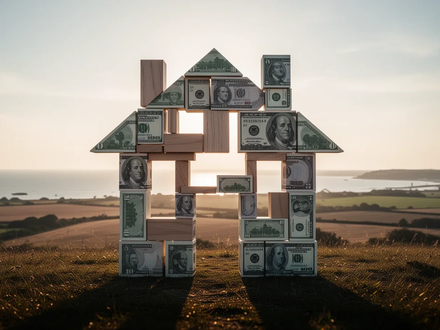 Abstrakte Darstellung eines Traumhauses, das aus Bausteinen oder Geldscheinen besteht, vor einem angedeuteten Hintergrund von Mecklenburg-Vorpommern. - Foto: über boerse-global.de