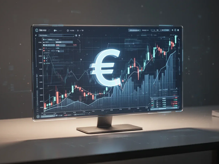 Eine digitale Anzeige zeigt Finanzdiagramme und ein großes Euro-Symbol, das Wachstum und Gewinn darstellt. - Foto: über boerse-global.de