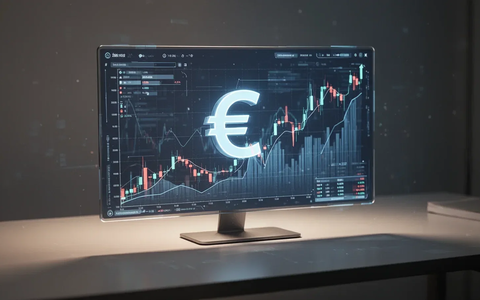 Eine digitale Anzeige zeigt Finanzdiagramme und ein großes Euro-Symbol, das Wachstum und Gewinn darstellt. - Foto: über boerse-global.de