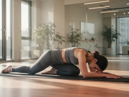 Eine Person führt eine sanfte Yoga-Übung auf einer Matte in einem hellen Raum aus, um die Wirbelsäule zu entlasten. - Foto: über boerse-global.de
