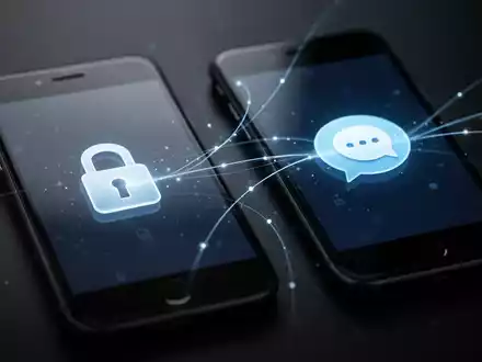 Two smartphones, one iPhone and one Android, with glowing lines connecting them, symbolizing secure, encrypted communication. - Foto: über boerse-global.de