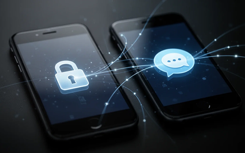 Two smartphones, one iPhone and one Android, with glowing lines connecting them, symbolizing secure, encrypted communication. - Foto: über boerse-global.de