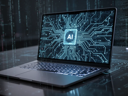 A modern laptop displaying intricate circuit board patterns and digital code, symbolizing advanced Arm-based processors and AI technology. - Foto: über boerse-global.de