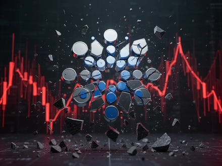 Ein gebrochenes Cardano (ADA)-Logo, das in Stücke zerfällt, vor einem dunklen Hintergrund mit roten Linien, die einen starken Preisverfall symbolisieren. - Foto: über boerse-global.de