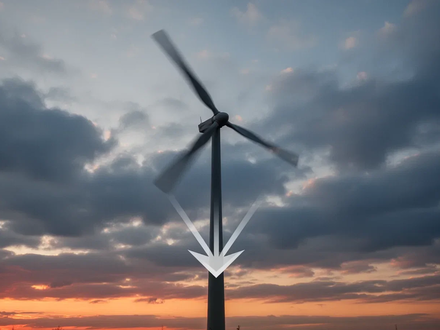 Eine Windturbine bei Sonnenuntergang mit einem subtilen Abwärtspfeil, der eine Zielsenkung andeutet. - Foto: über boerse-global.de