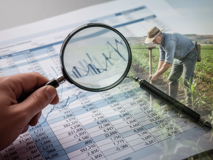 Eine Hand hält eine Lupe über eine Finanzübersicht, mit dem verschwommenen Bild eines Landwirts auf einem Feld im Hintergrund. - Foto: über boerse-global.de