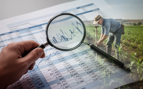 Eine Hand hält eine Lupe über eine Finanzübersicht, mit dem verschwommenen Bild eines Landwirts auf einem Feld im Hintergrund. - Foto: über boerse-global.de