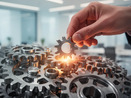 Eine Hand setzt ein kleines Zahnrad in ein größeres Getriebe, das wirtschaftliche Reformen und Sozialbeiträge symbolisiert. - Foto: über boerse-global.de