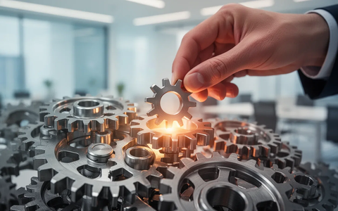 Eine Hand setzt ein kleines Zahnrad in ein größeres Getriebe, das wirtschaftliche Reformen und Sozialbeiträge symbolisiert. - Foto: über boerse-global.de