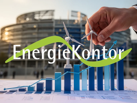 Eine Hand platziert ein Windturbinenmodell auf einem Finanzdiagramm vor dem Europäischen Parlament. - Foto: über boerse-global.de