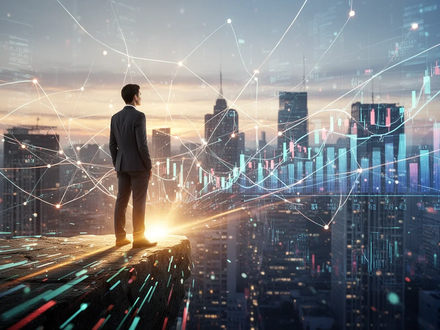 Eine Person verlässt eine Komfortzone und blickt auf ein komplexes Netzwerk aus digitalen Datenlinien und Finanzgrafiken. - Foto: über boerse-global.de