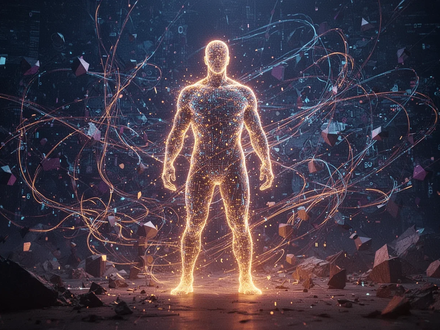 Eine stilisierte, leuchtende menschliche Figur aus Licht und Datenpunkten steht inmitten chaotischer digitaler Linien und geometrischer Formen. - Foto: über boerse-global.de