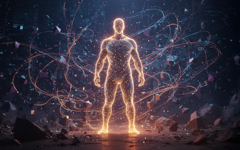 Eine stilisierte, leuchtende menschliche Figur aus Licht und Datenpunkten steht inmitten chaotischer digitaler Linien und geometrischer Formen. - Foto: über boerse-global.de