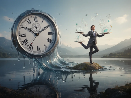 Eine schmelzende Uhr, die in eine ruhige Landschaft übergeht, mit einer Person, die fragile Objekte ausbalanciert. - Foto: über boerse-global.de