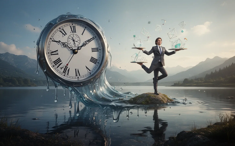 Eine schmelzende Uhr, die in eine ruhige Landschaft übergeht, mit einer Person, die fragile Objekte ausbalanciert. - Foto: über boerse-global.de