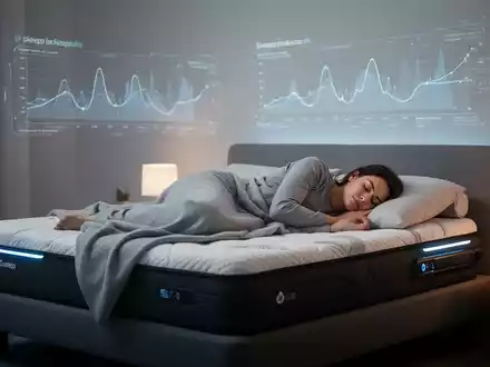 Eine Person schläft friedlich auf einer modernen Matratze. Sanftes Licht und subtile Datenprojektionen an der Wand visualisieren Schlafoptimierung. - Foto: über boerse-global.de
