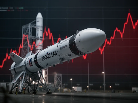 Eine Rocket Lab Electron Rakete im Vordergrund, unscharf, mit einem roten, abwärts gerichteten Finanzchart im Hintergrund. - Foto: über boerse-global.de