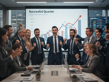 Geschäftsleute in einem modernen Büro, die subtil einen erfolgreichen Quartalsabschluss feiern, mit einem Diagramm, das Aufwärtstrends zeigt. - Foto: über boerse-global.de