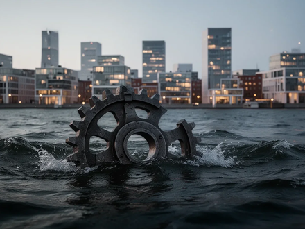 Ein stilisiertes industrielles Zahnrad, teilweise in dunklem Wasser, mit der Skyline von Malmö im Hintergrund. - Foto: über boerse-global.de