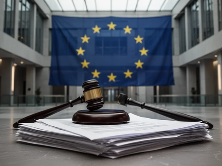 EU-Flagge in einem Gerichtssaal mit Hammer und Rechtsdokumenten, symbolisiert grenzüberschreitende Insolvenzverfahren. - Foto: über boerse-global.de
