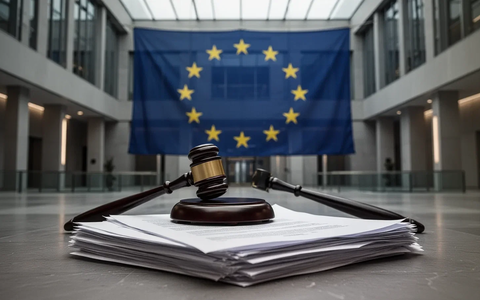 EU-Flagge in einem Gerichtssaal mit Hammer und Rechtsdokumenten, symbolisiert grenzüberschreitende Insolvenzverfahren. - Foto: über boerse-global.de
